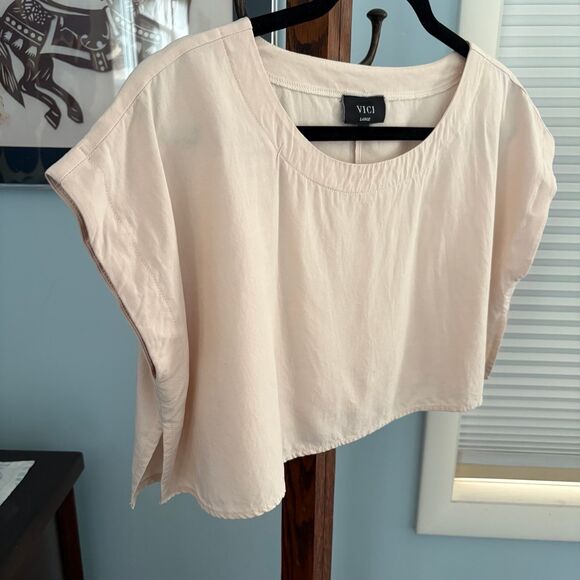 Vivi Cream Scoop Neck Linen Blend Boxy Crop Top size L - Picture 3 of 7